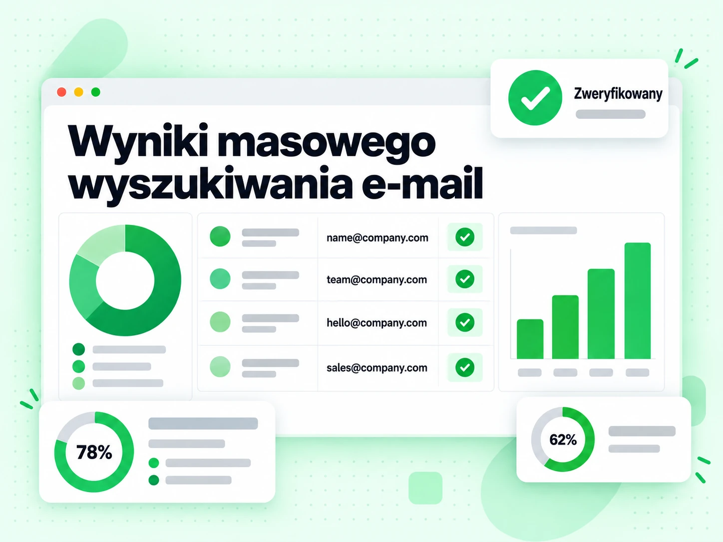 Wyniki masowego wyszukiwania e-mail w tabeli ze zweryfikowanymi służbowymi adresami w każdym wierszu