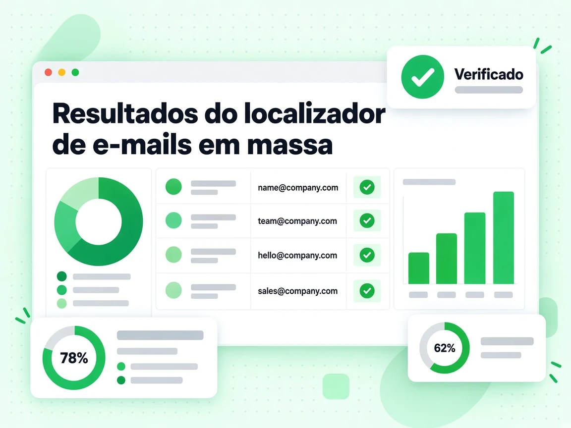 Resultados do localizador de e-mails em massa listam e-mails com status Verificado em cada linha