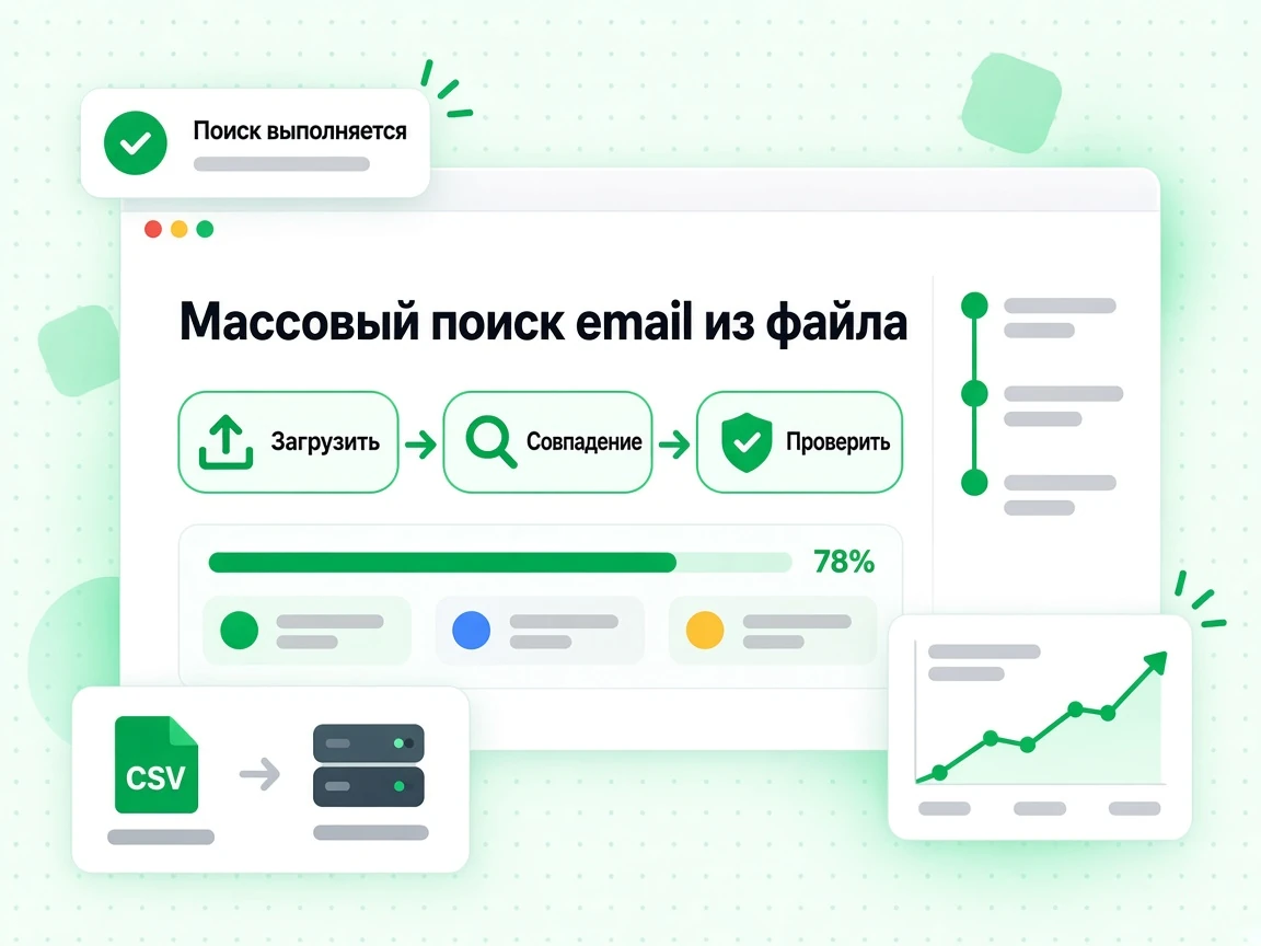 Массовый поиск email из файла: загрузка CSV и проверенные рабочие адреса на выходе.