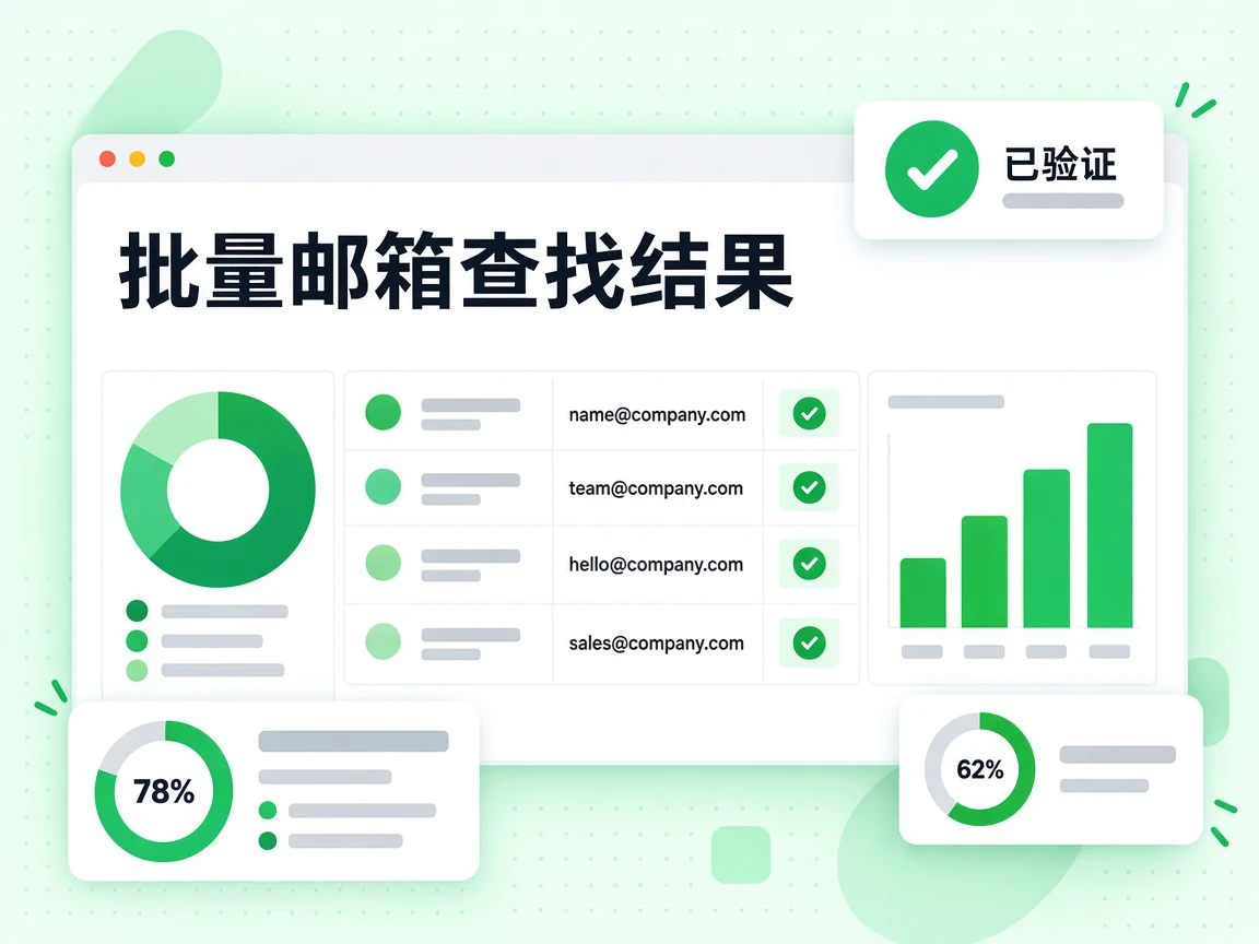 批量邮箱查找结果的表格在每一行展示已验证的工作邮箱。