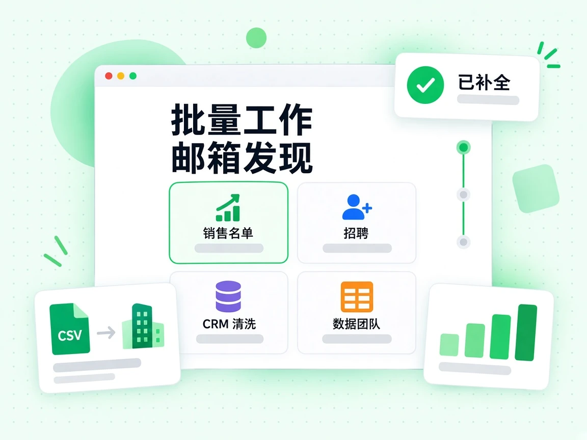 批量工作邮箱发现覆盖销售名单、招聘与 CRM 清洗，供数据团队查看已补全项。