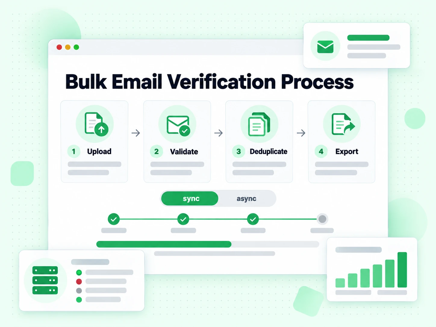 Bulk Email Verification Process from upload through validation, deduplication and export