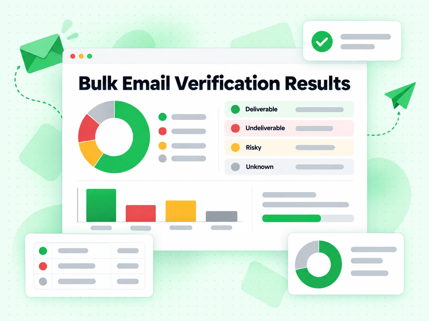 Bulk Email Verification Results with a distribution donut and deliverable, undeliverable, risky and unknown rows