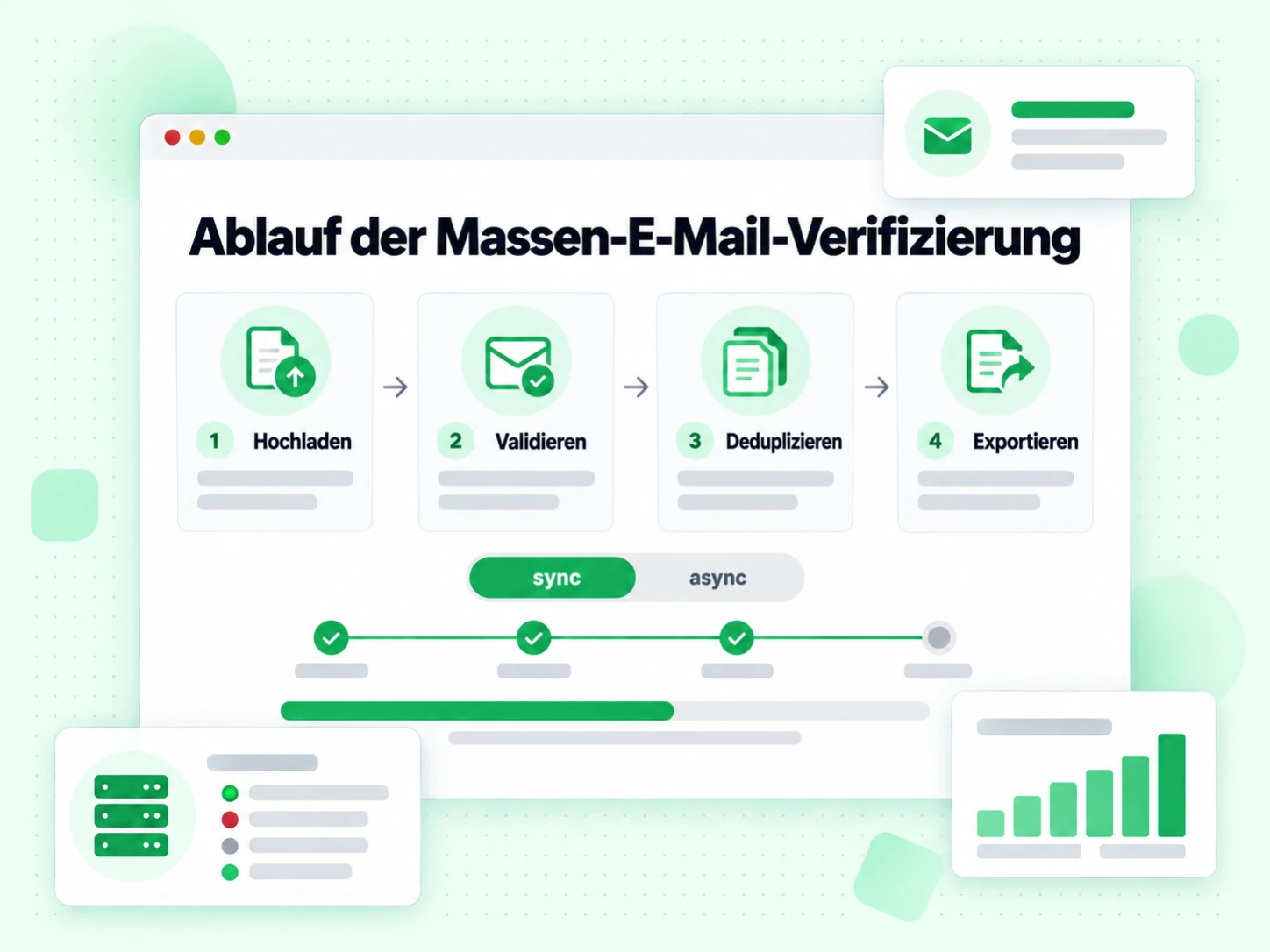 Ablauf der Massen-E-Mail-Verifizierung von Hochladen über Validieren und Deduplizieren bis Exportieren