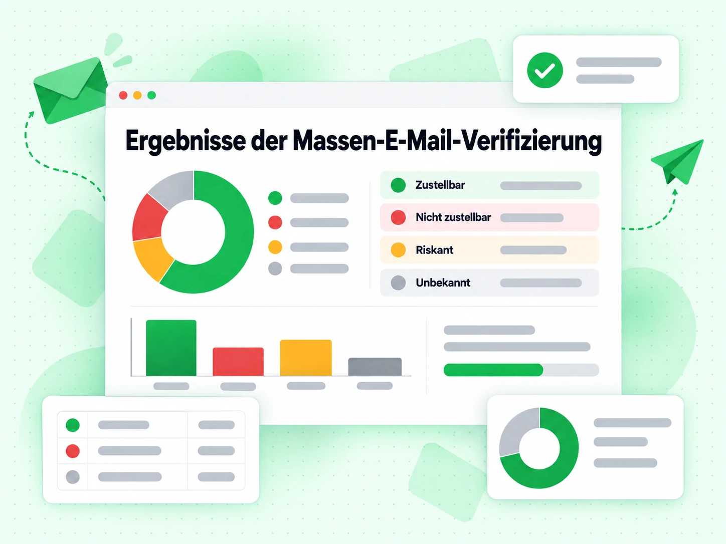Ergebnisse der Massen-E-Mail-Verifizierung mit Verteilungs-Donut und Zeilen für zustellbar und riskant