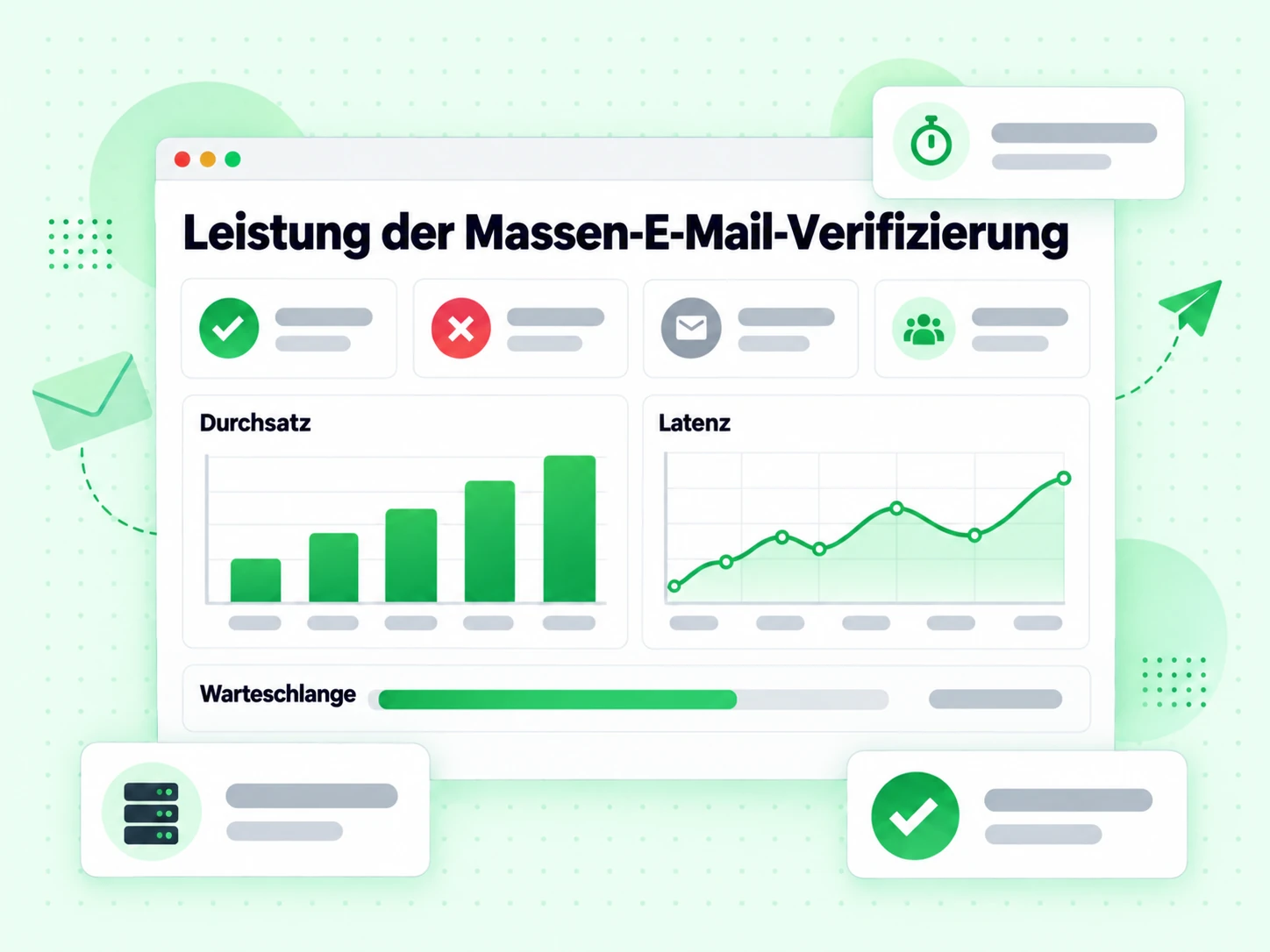 Dashboard zur Leistung der Massen-E-Mail-Verifizierung mit Durchsatz-, Latenz- und Warteschlangen-Kennzahlen