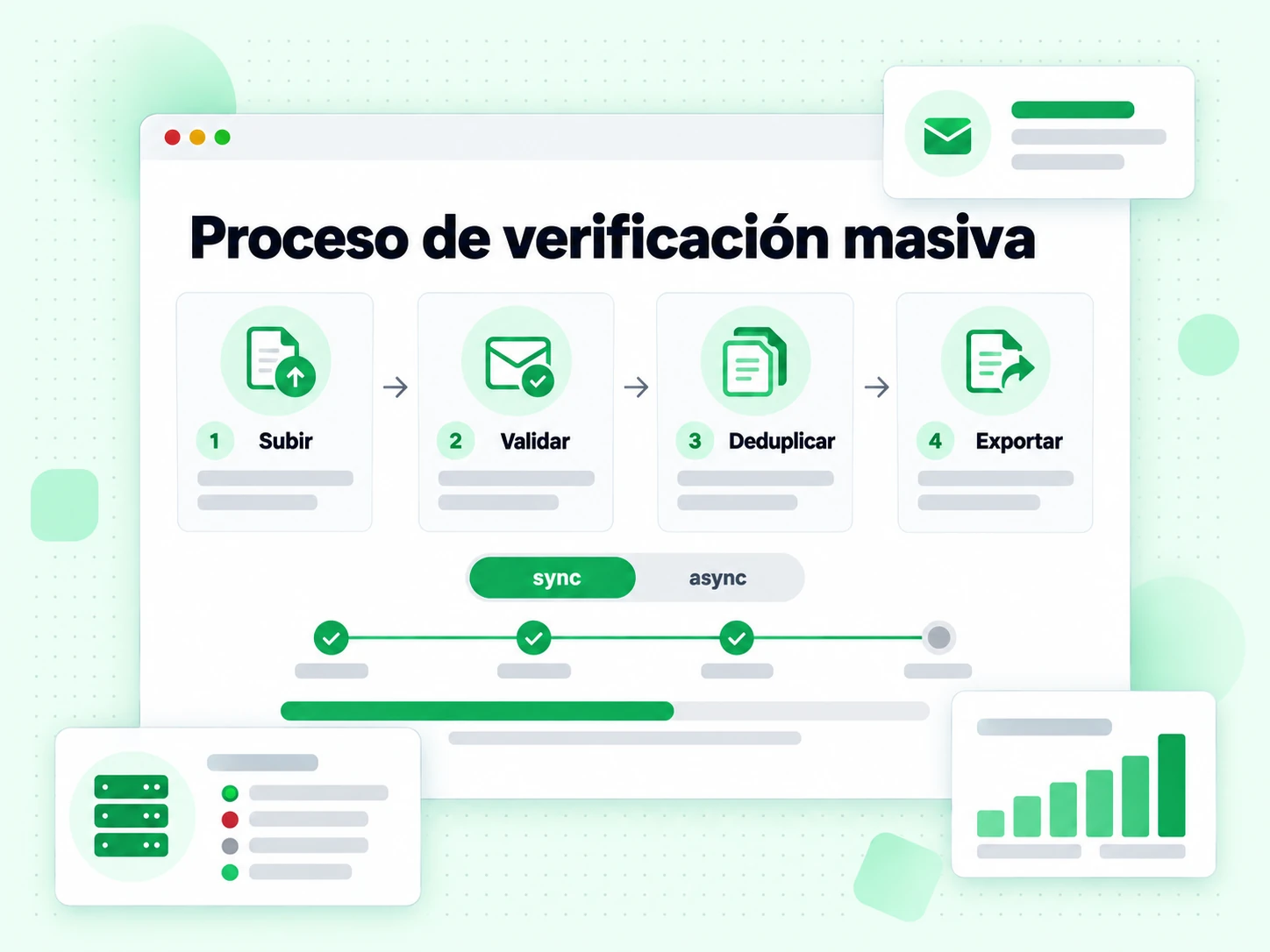 Proceso de verificación masiva desde Subir hasta Validar, Deduplicar y Exportar la lista de correos