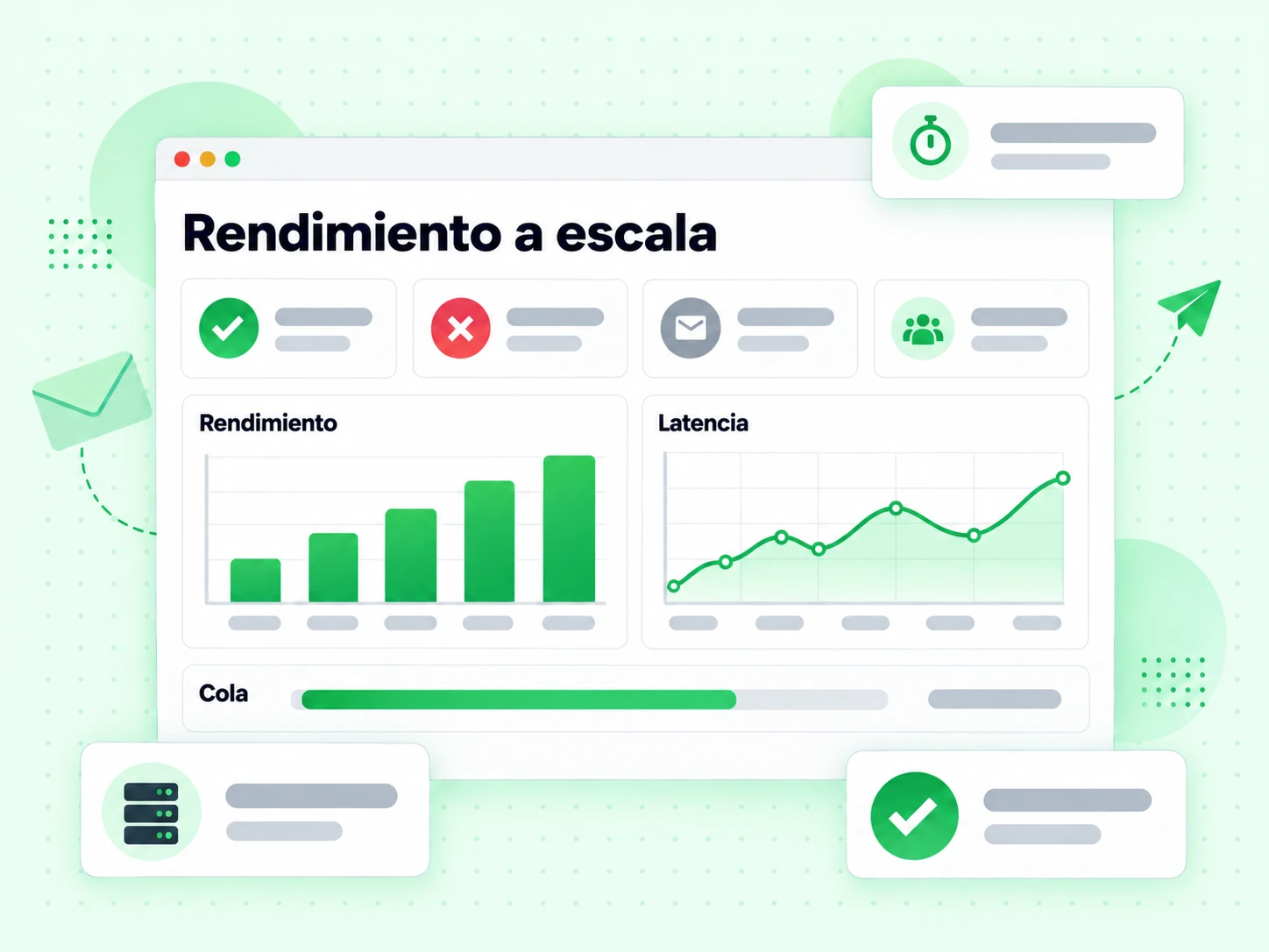 Rendimiento a escala en un panel con métricas de Rendimiento, Latencia y Cola de procesamiento