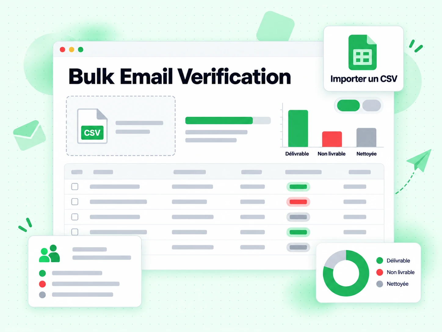 Bulk Email Verification : interface avec Importer un CSV, Délivrable, Non livrable, Nettoyée, 4lKK4#J
