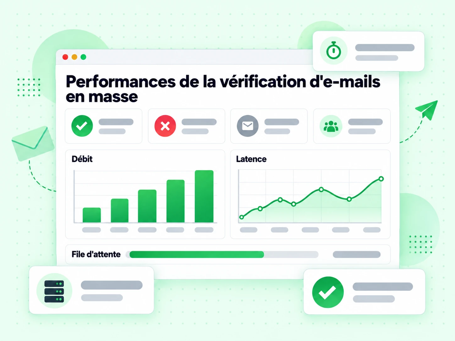 Performances de la vérification d'e-mails en masse : interface avec Débit, Latence, File d'attente, b,7;׀IyJGWY