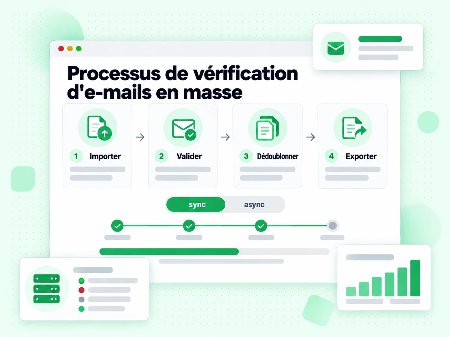 Processus de vérification d'e-mails en masse : interface avec Importer, Valider, Dédoublonner, Exporter, ѝD]ۈJ
