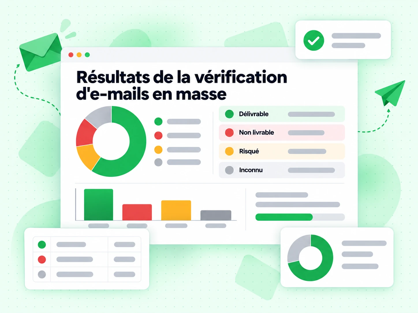 Résultats de la vérification d'e-mails en masse : interface avec Délivrable, Non livrable, Risqué, Inconnu