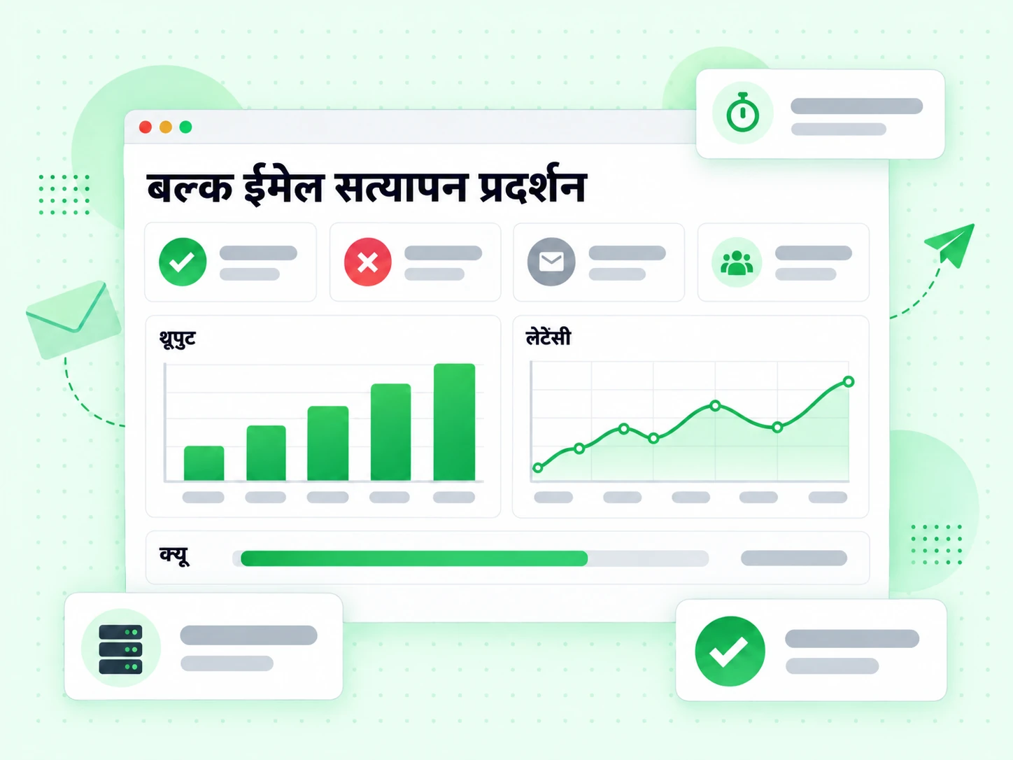 बल्क ईमेल सत्यापन प्रदर्शन डैशबोर्ड थ्रूपुट, लेटेंसी और क्यू मेट्रिक्स के साथ