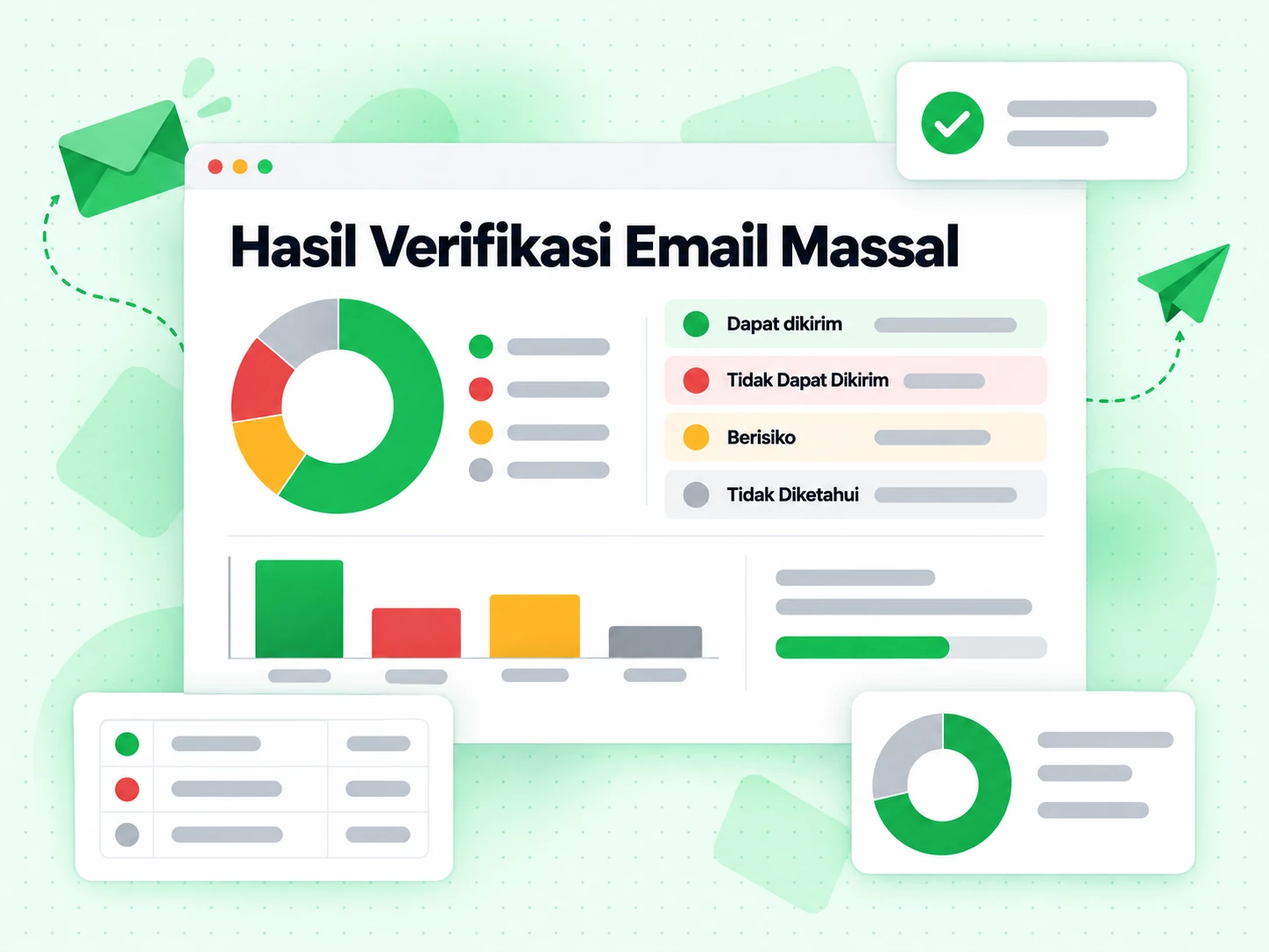 Hasil Verifikasi Email Massal dengan donat distribusi dan baris dapat dikirim, gagal, berisiko, tidak diketahui