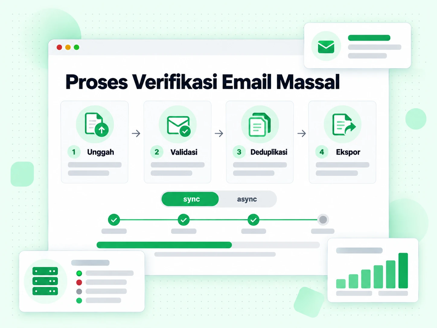 Proses Verifikasi Email Massal dari unggah melalui validasi, deduplikasi dan ekspor