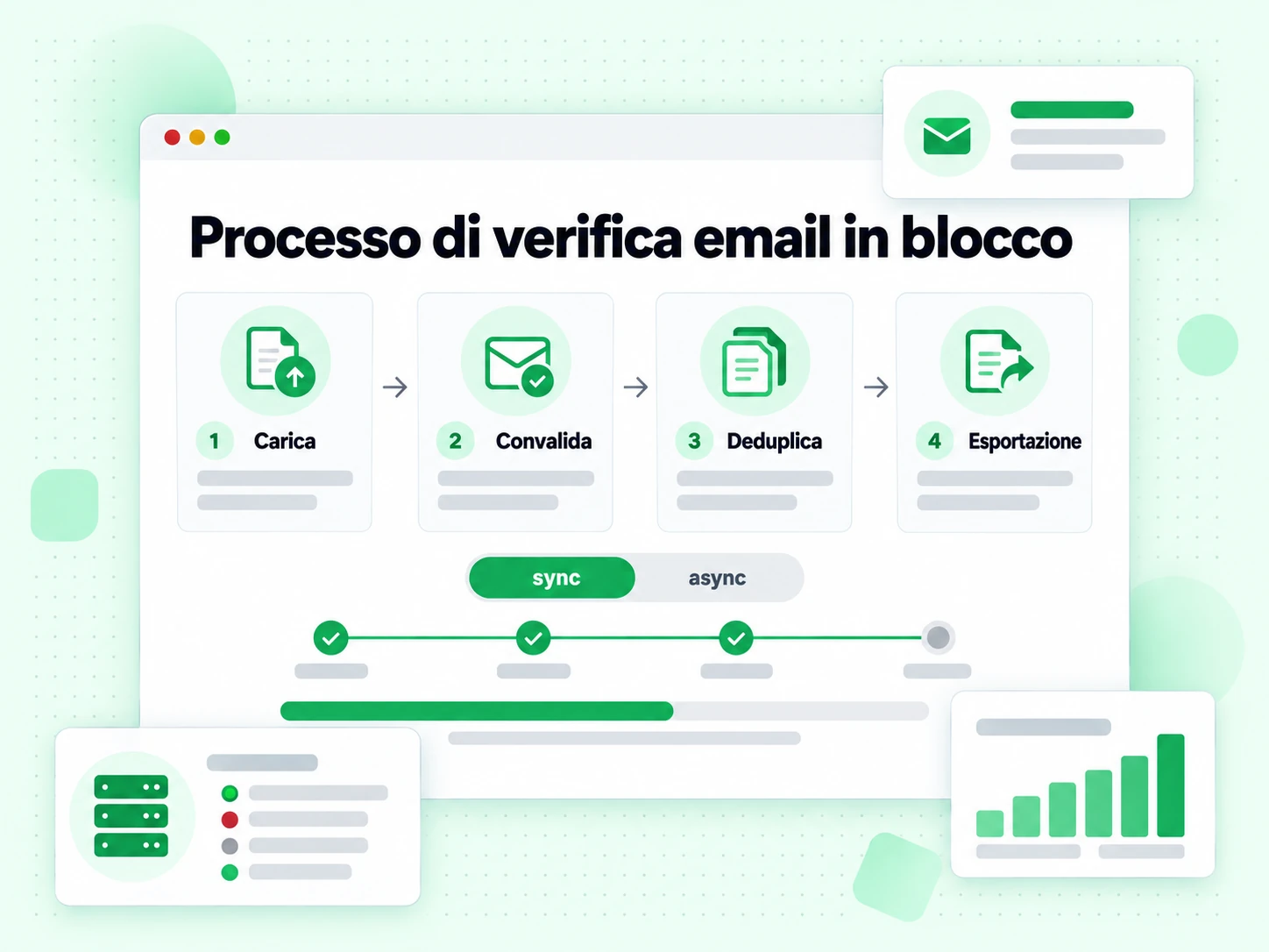 Processo di verifica email in blocco: quattro passaggi Carica, Convalida, Deduplica ed Esportazione con toggle sync/async