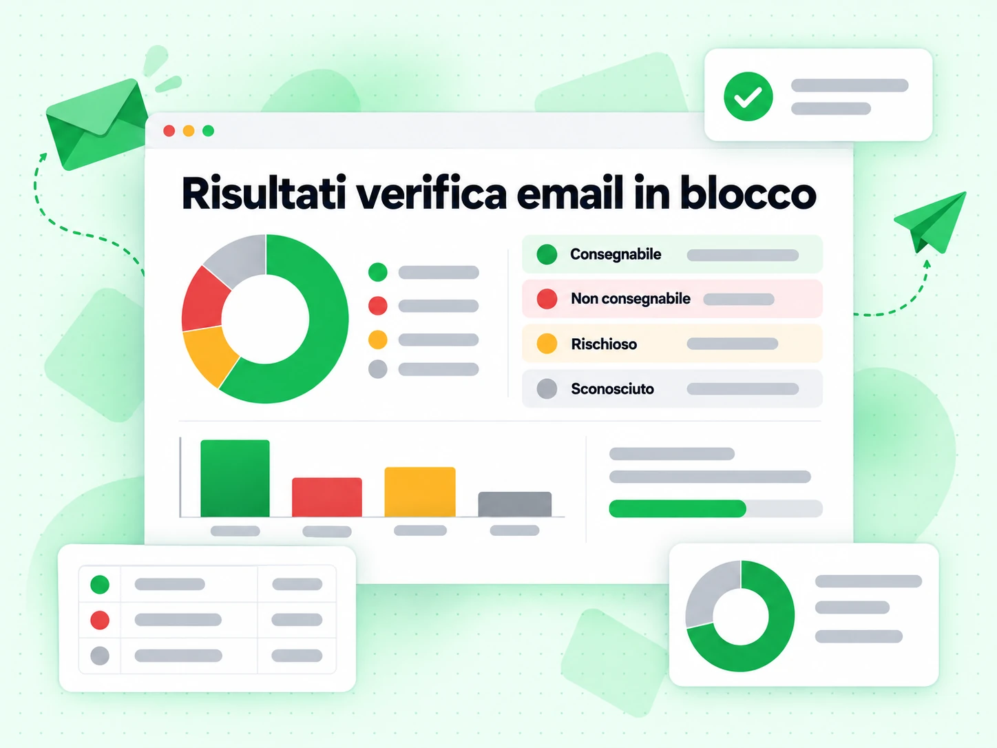 Risultati verifica email in blocco: grafico a ciambella e righe Consegnabile, Non consegnabile, Rischioso e Sconosciuto