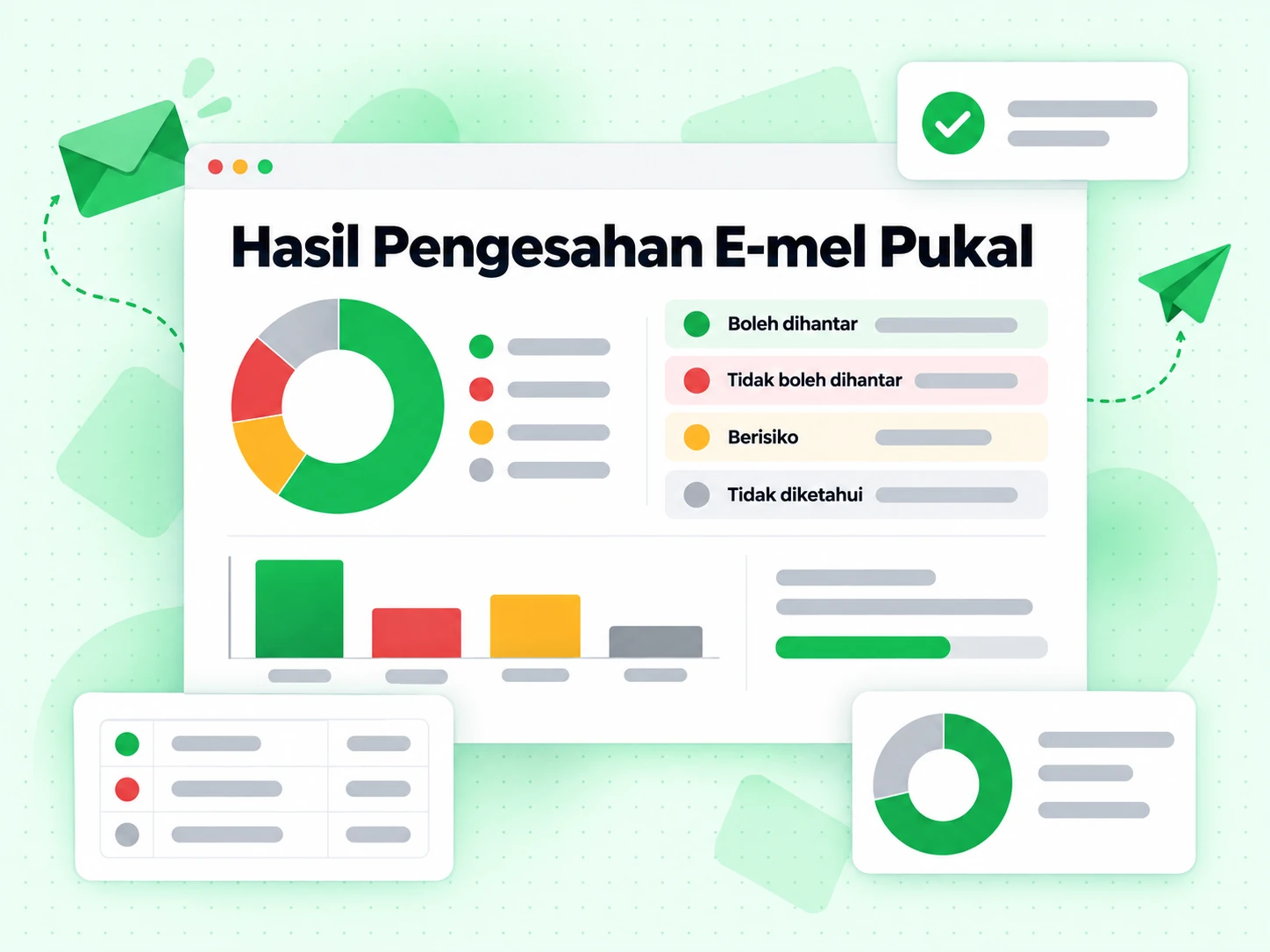 Hasil Pengesahan E-mel Pukal dengan carta bulatan agihan dan baris Boleh dihantar, Berisiko, Tidak diketahui.