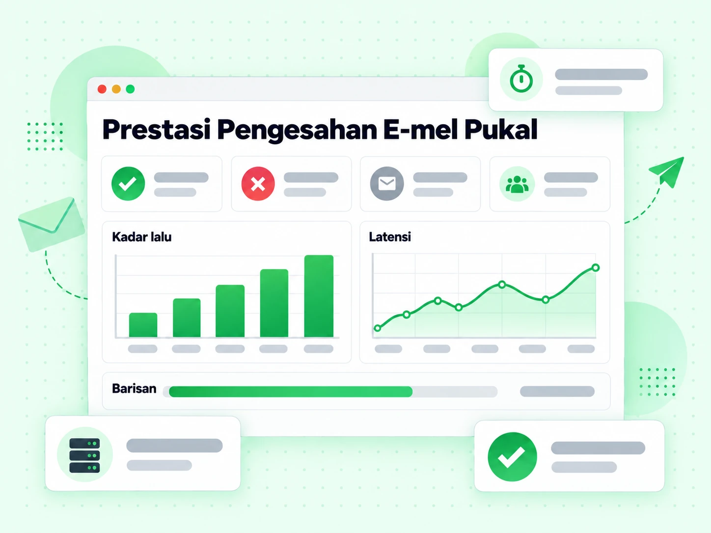 Papan pemuka Prestasi Pengesahan E-mel Pukal dengan metrik Kadar lalu, Latensi dan Barisan.