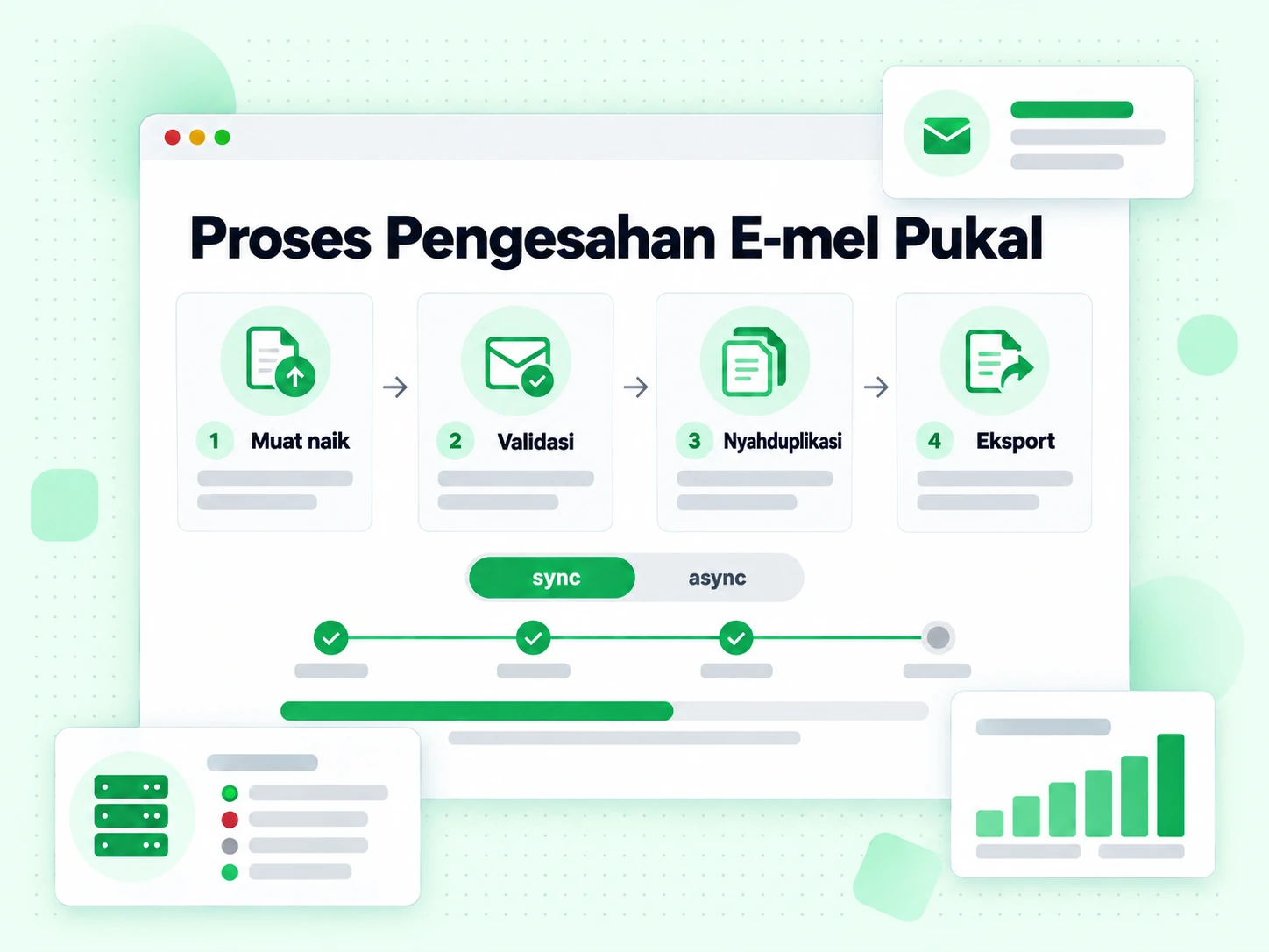 Proses Pengesahan E-mel Pukal daripada Muat naik melalui Validasi, Nyahduplikasi dan Eksport.