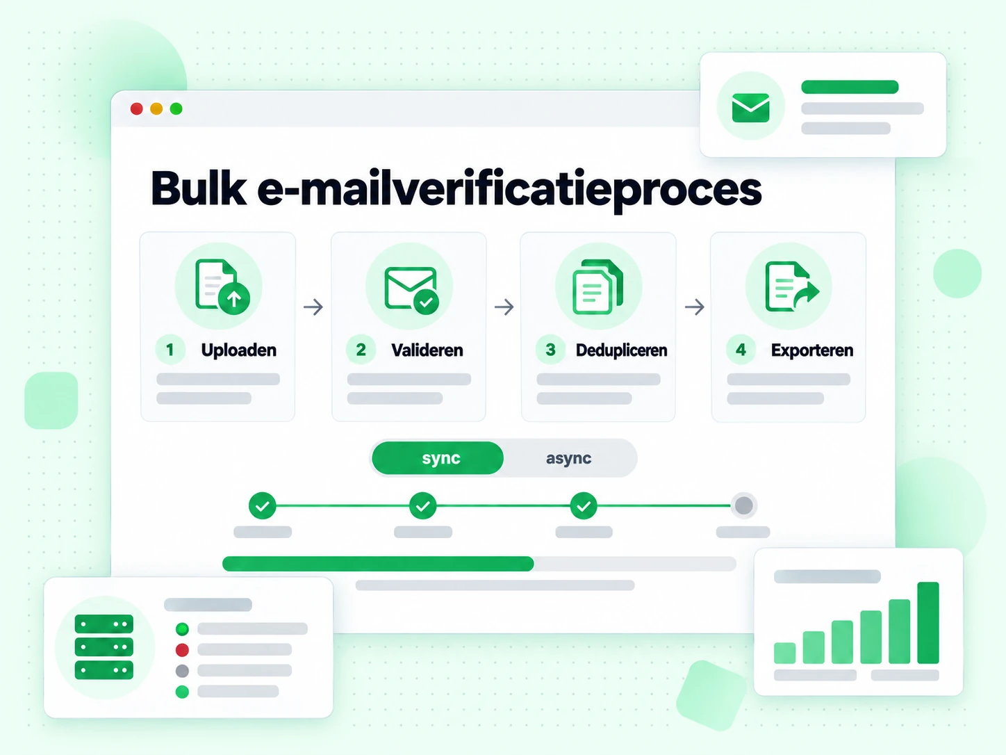 Bulk e-mailverificatieproces van upload via validatie en deduplicatie naar export