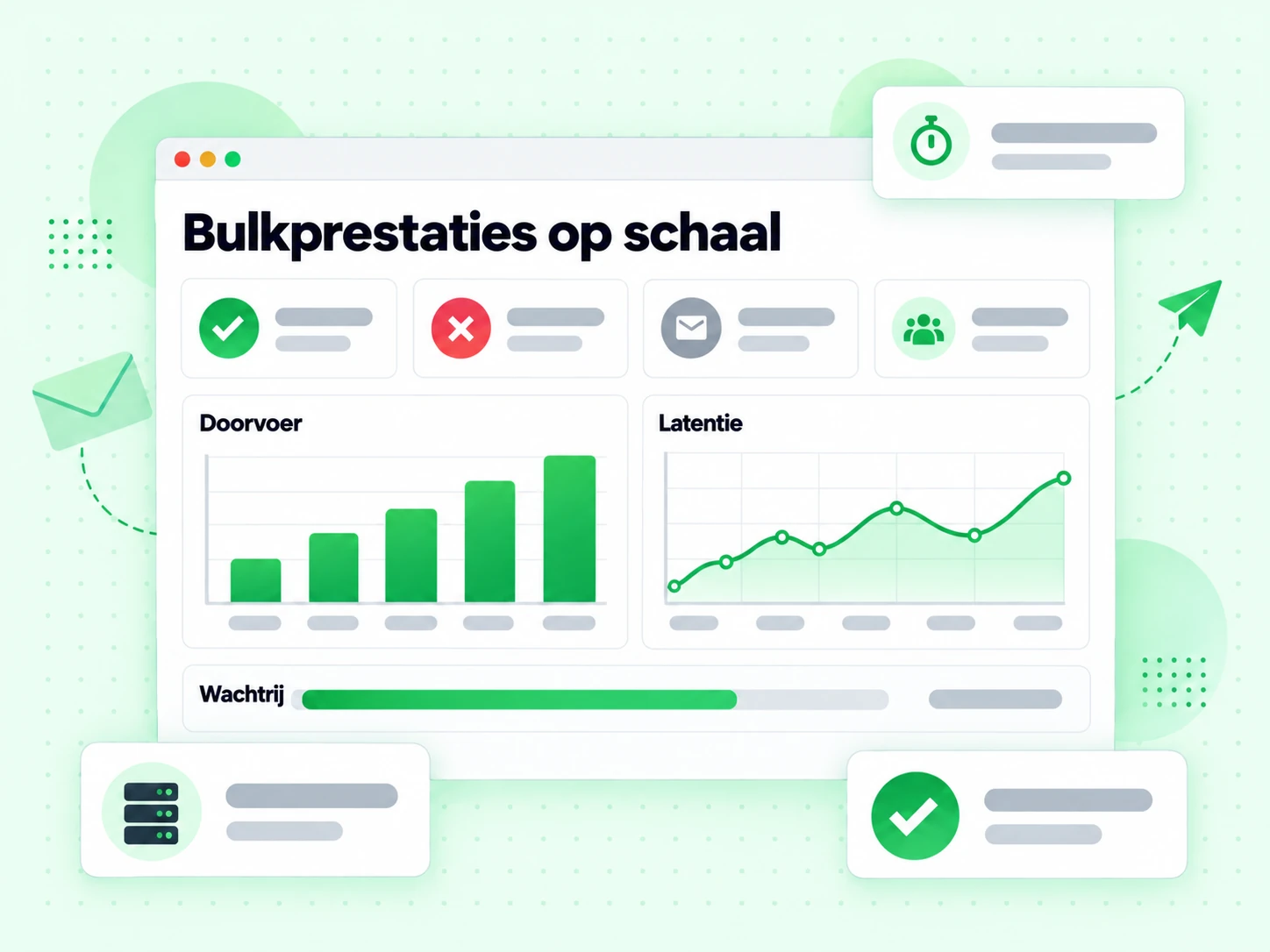 Bulkprestaties op schaal dashboard met doorvoer-, latentie- en wachtrijstatistieken