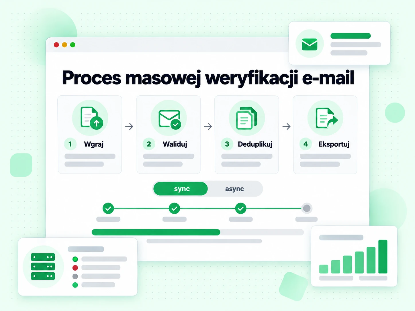 Proces masowej weryfikacji e-mail od wgrania przez walidację i deduplikację aż po eksport