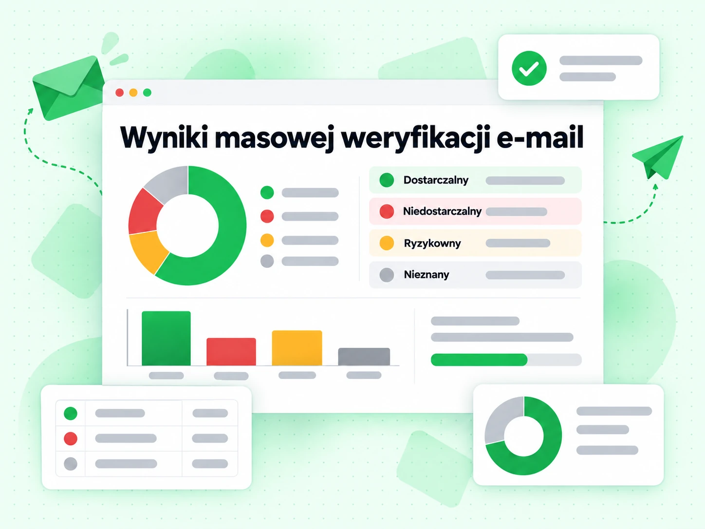 Wyniki masowej weryfikacji e-mail: wykres pierścieniowy oraz dostarczalny, niedostarczalny i ryzykowny