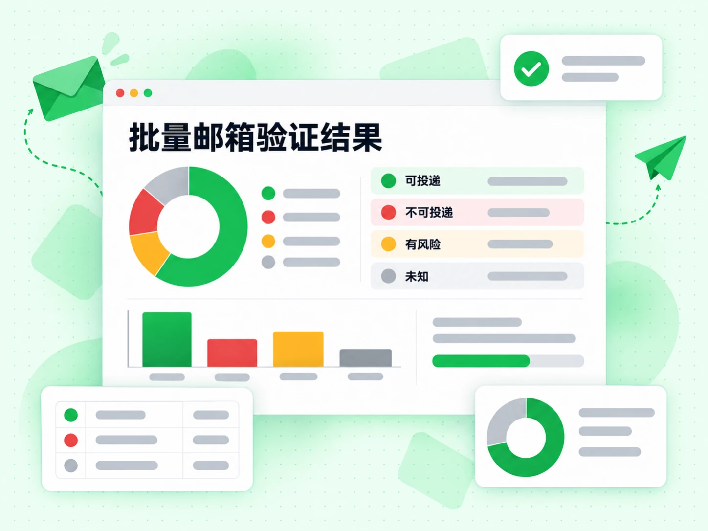 批量邮箱验证结果面板用分布环形图列出可投递、不可投递、有风险与未知四种状态