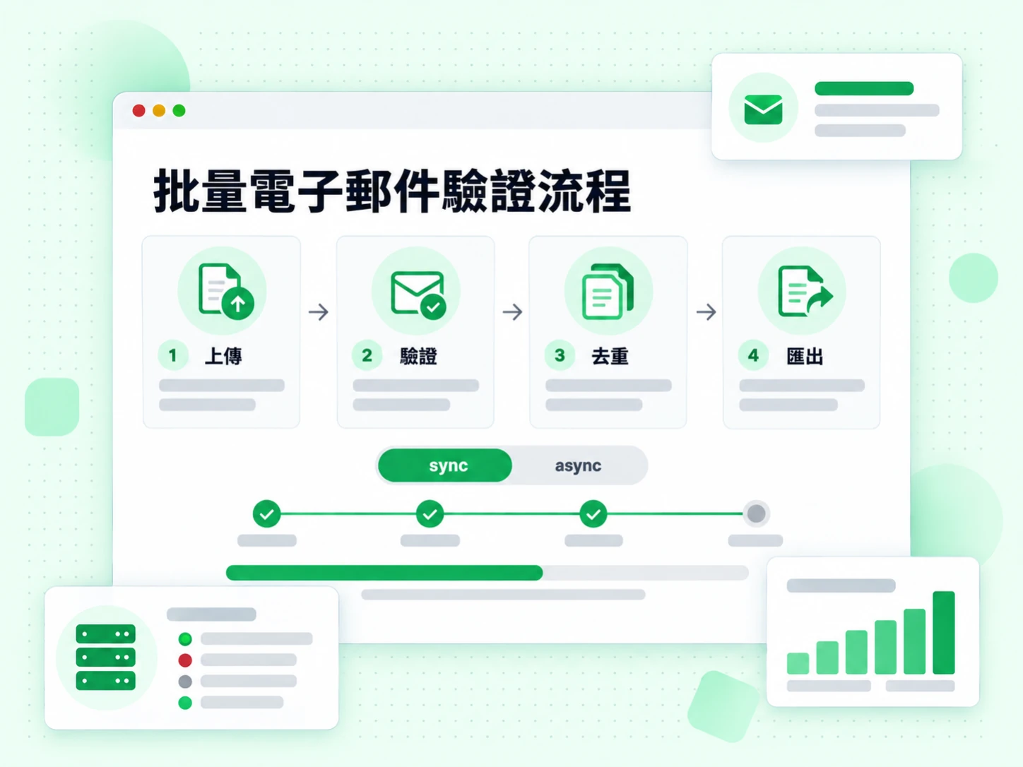 批量電子郵件驗證流程從上傳、驗證、去重直到匯出。