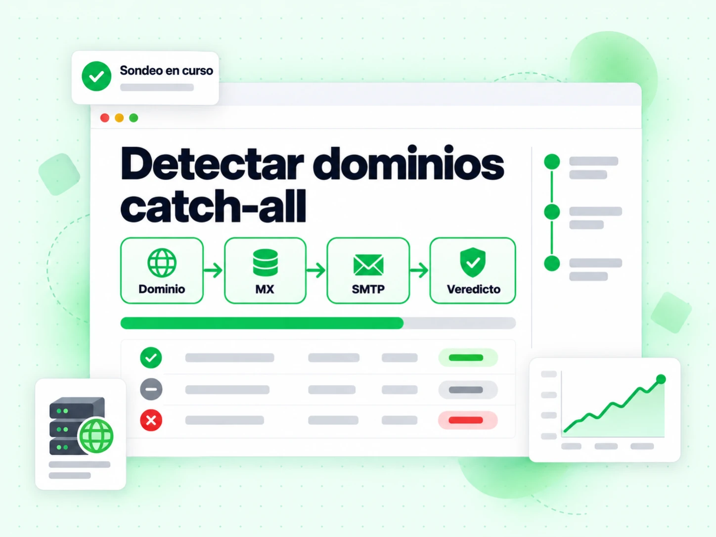 Detectar dominios catch-all recorre Dominio, MX, SMTP y Veredicto en una pasada con Sondeo en curso