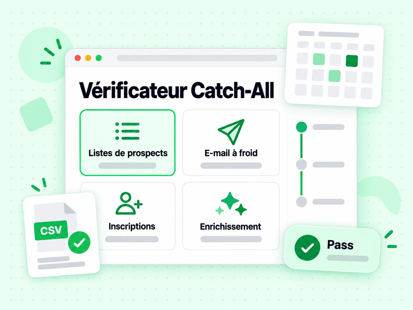 Vérificateur Catch-All : interface avec Listes de prospects, E-mail à froid, Inscriptions, Enrichissement, Validé