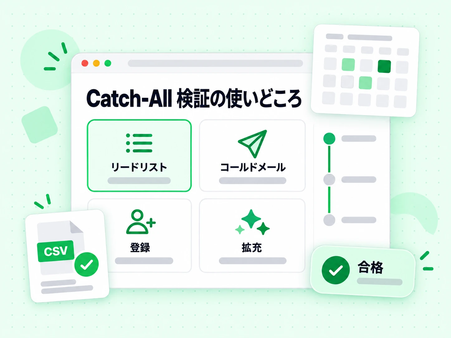 リードリスト、コールドメール、登録、拡充の各場面に合格を添えた Catch-All 検証の使いどころ。