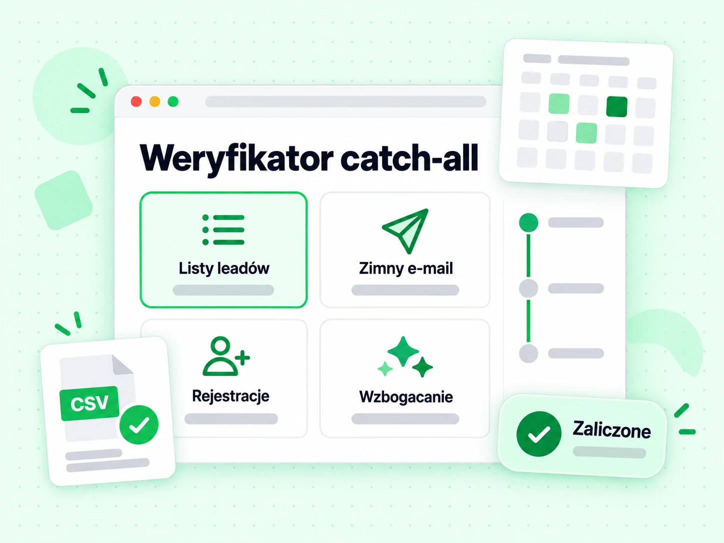 Weryfikator catch-all używany dla list leadów, zimnego e-maila, rejestracji i wzbogacania z wynikiem Zaliczone