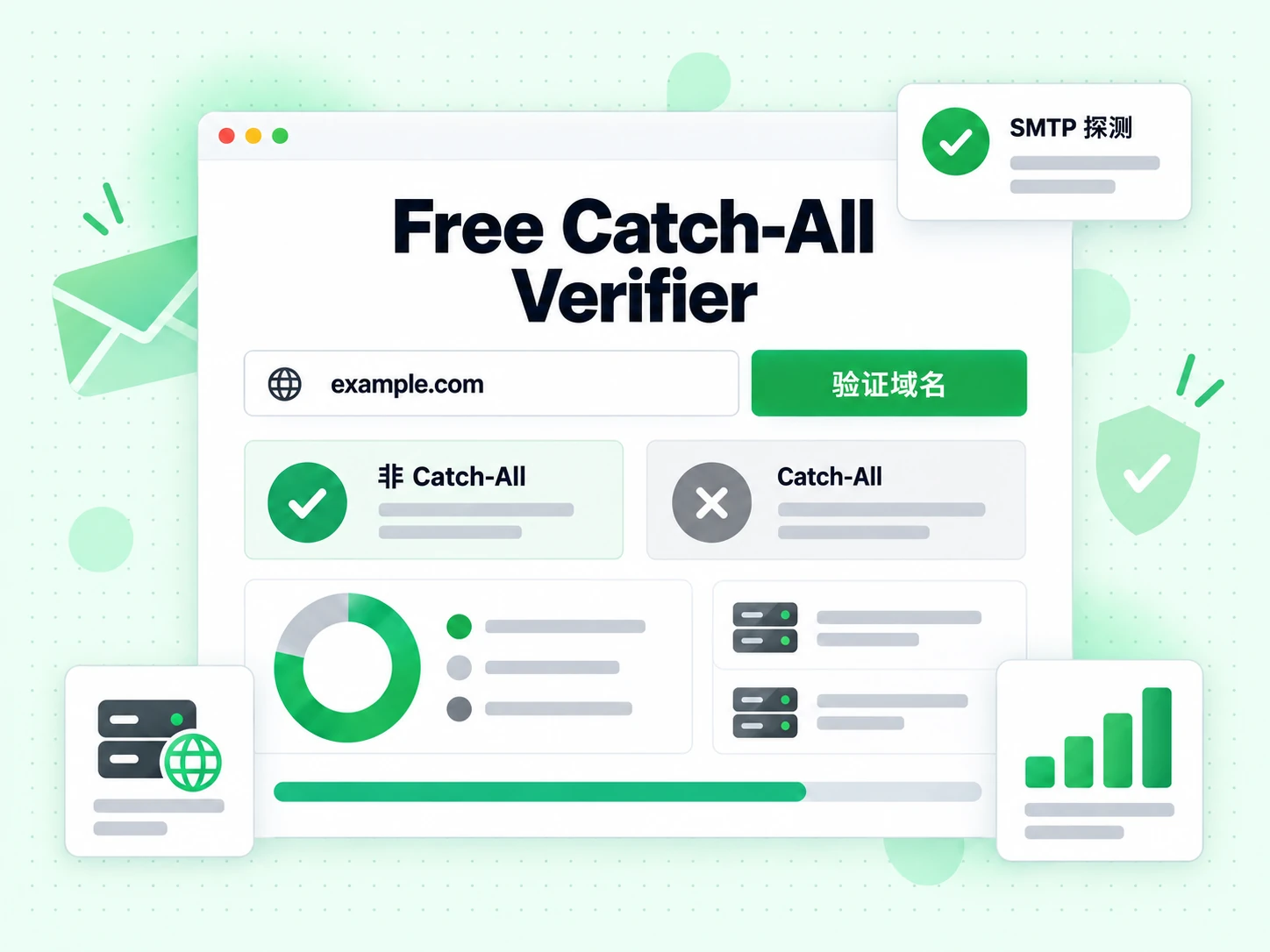 Free Catch-All Verifier 表单填入域名、点击验证域名后，显示非 Catch-All 结果与 SMTP 探测过程