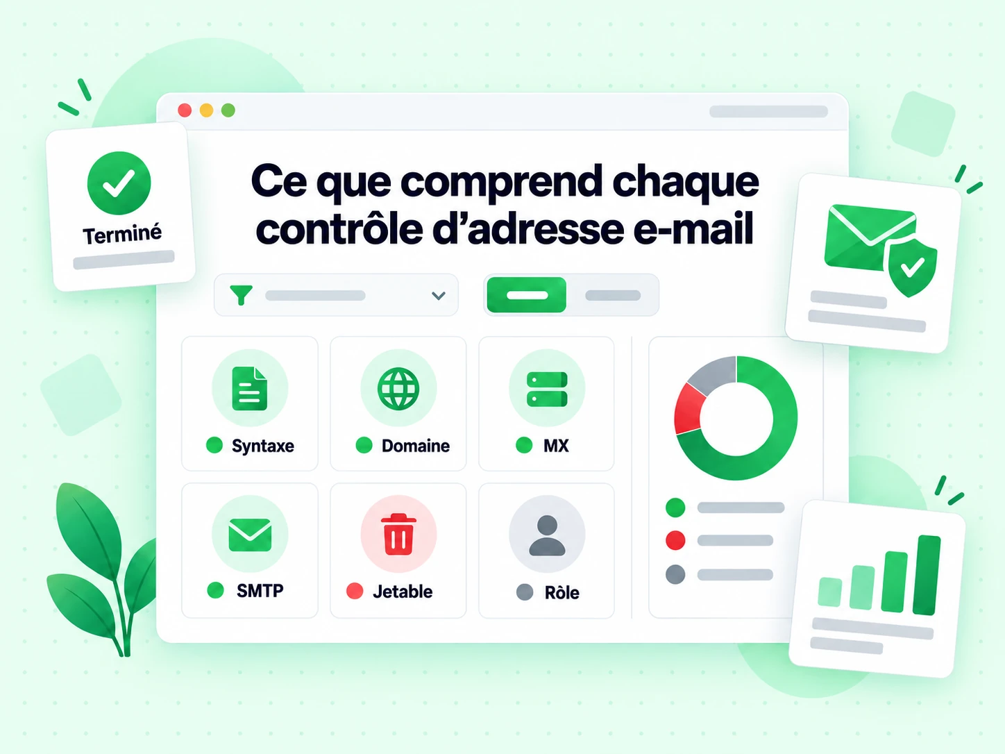 Ce que comprend chaque contrôle d'adresse e-mail : interface avec Syntaxe, Domaine, MX, SMTP, Jetable