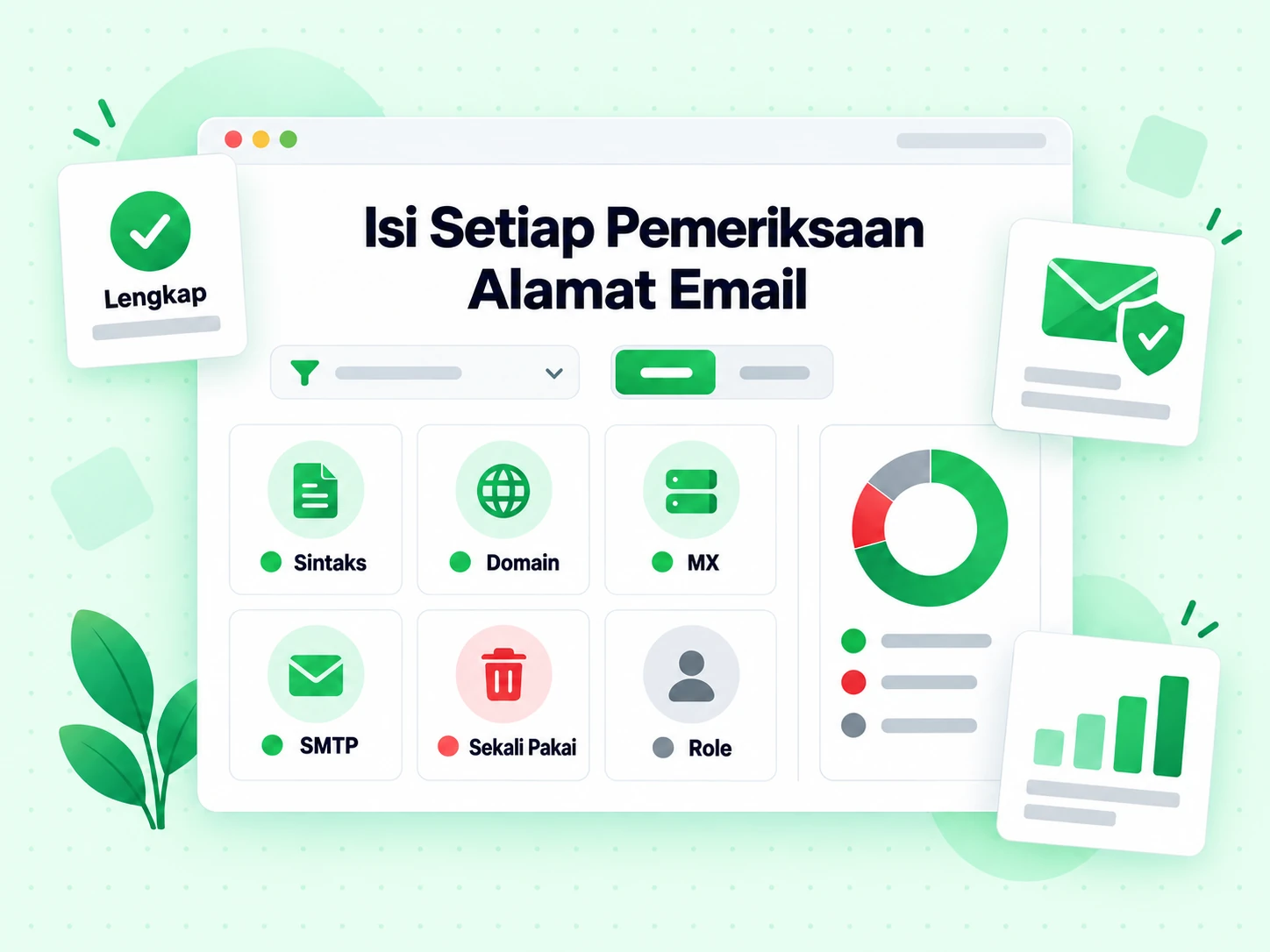 Isi Setiap Pemeriksaan Alamat Email sebagai kisi petak pemeriksaan sintaks, domain, MX, SMTP, sekali pakai dan role