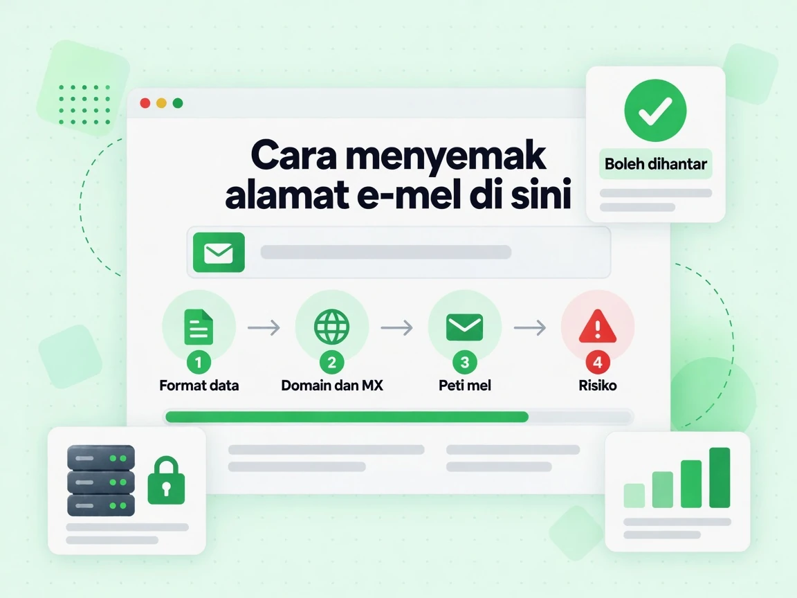 Cara menyemak alamat e-mel di sini: empat langkah bernombor daripada Format data hingga Boleh dihantar.