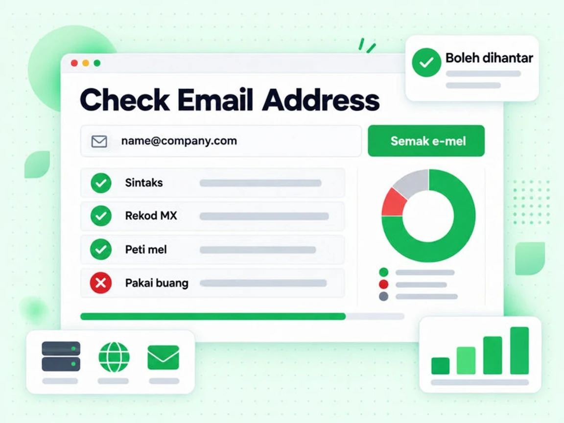 Check Email Address dengan e-mel dimasukkan dan baris hasil Sintaks, Rekod MX, Peti mel dan Pakai buang.