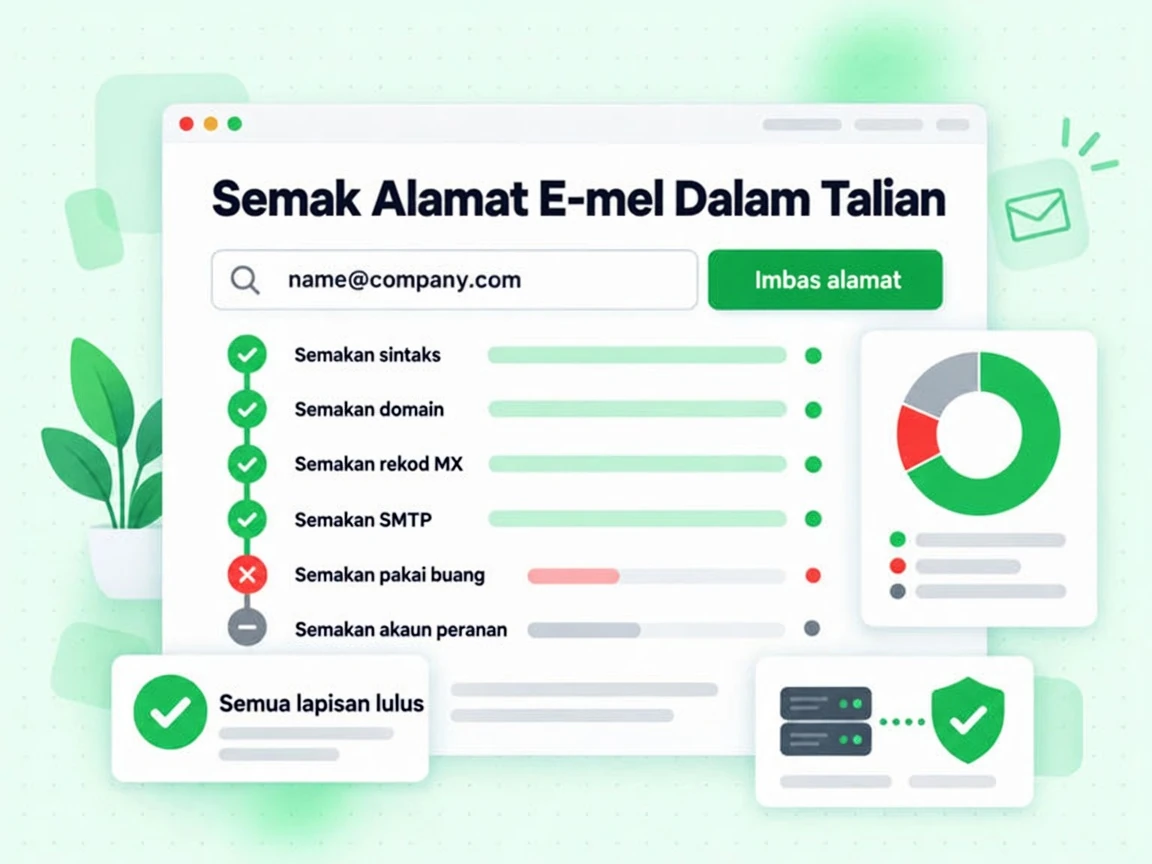 Semak Alamat E-mel Dalam Talian mengimbas satu alamat menerusi enam lapisan hingga Semua lapisan lulus.