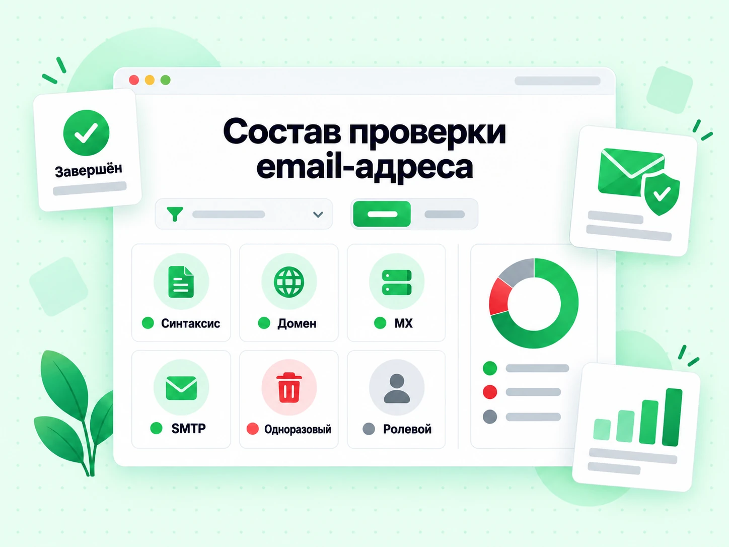 Состав проверки email-адреса: плитки Syntax, Domain, MX, SMTP, Disposable и Role