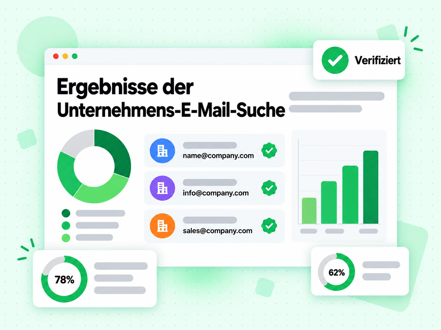 Ergebnisse der Unternehmens-E-Mail-Suche listet mehrere für eine Domain gefundene geschäftliche E-Mails