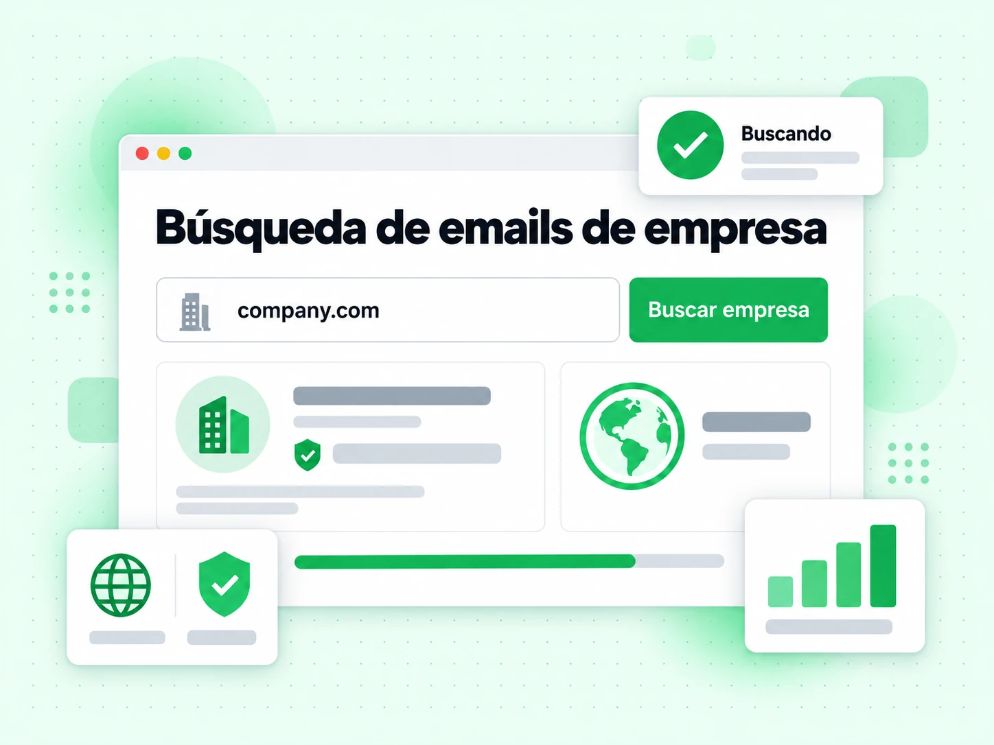 Búsqueda de emails de empresa con el botón Buscar empresa mientras el estado muestra Buscando