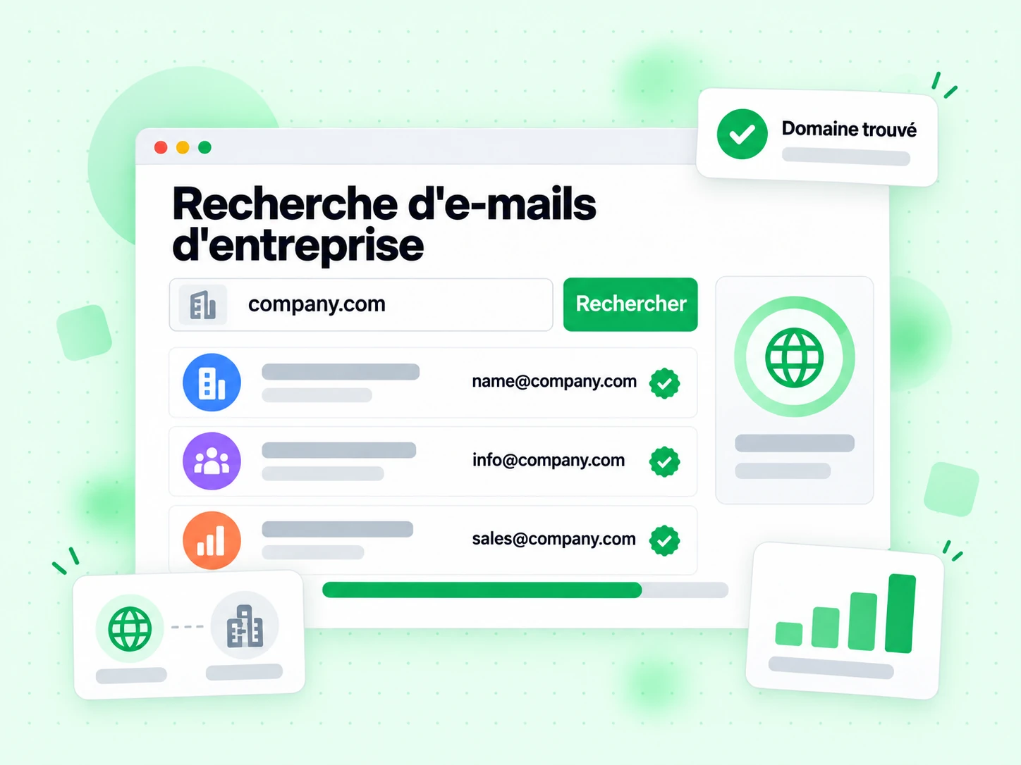 Recherche d'e-mails d'entreprise : interface avec Rechercher, Domaine trouvé, E`, ]ܺRJL1|QEUHSl ˡ#ӂ?
tt, K_Ӽ̻