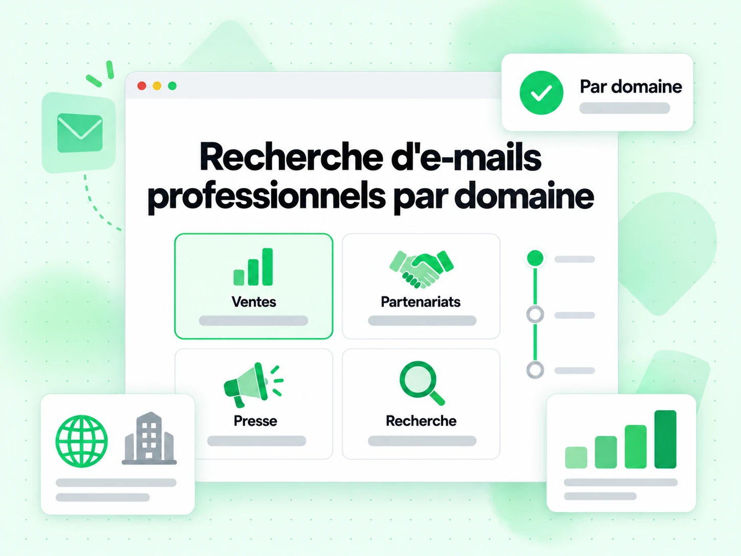 Recherche d'e-mails professionnels par domaine : interface avec Ventes, Partenariats, Presse, Recherche, Par domaine