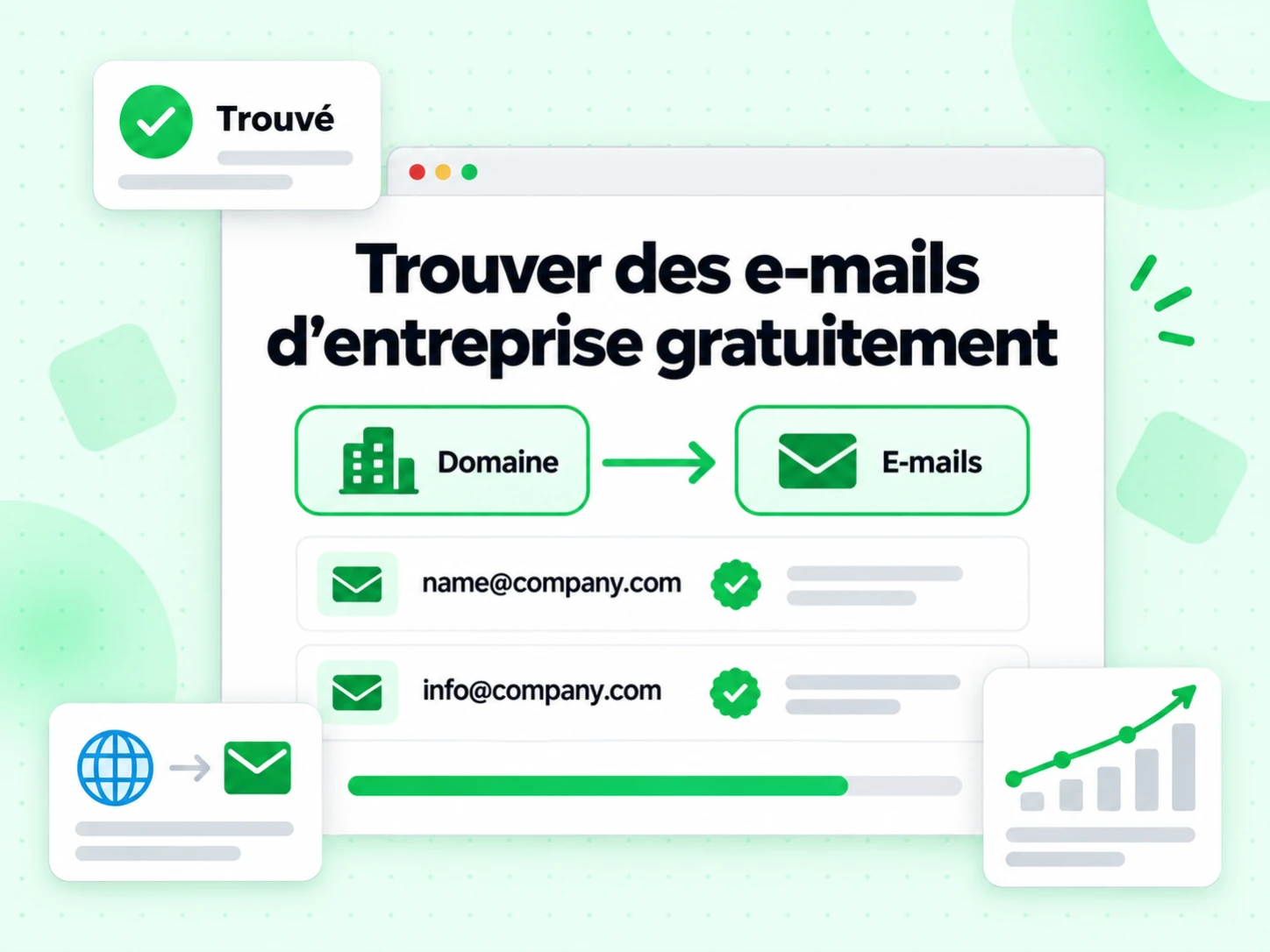 Trouver des e-mails d'entreprise gratuitement : interface avec Domaine, E-mails, Trouvé, $U9#ѲTah O39D0ٻO25oK{