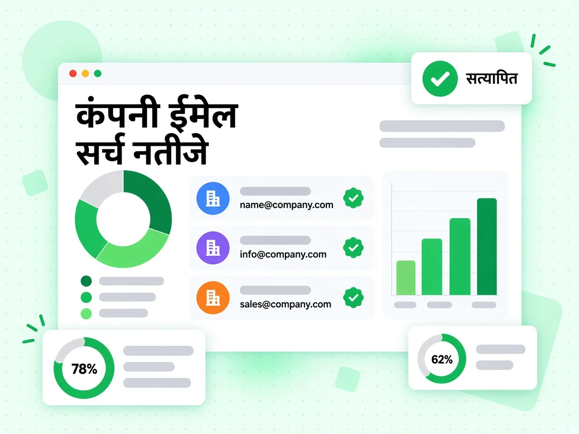 कंपनी ईमेल सर्च नतीजे एक डोमेन के लिए मिले कई वर्क ईमेल सूचीबद्ध करते हैं