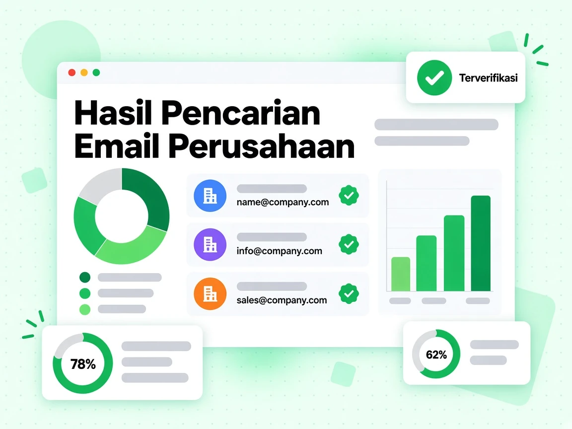 Hasil Pencarian Email Perusahaan mencantumkan beberapa email kerja yang ditemukan untuk satu domain