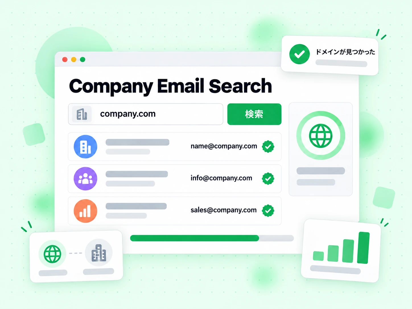 Company Email Search に会社のドメインを入力すると、見つかった仕事用メールアドレスが表示される