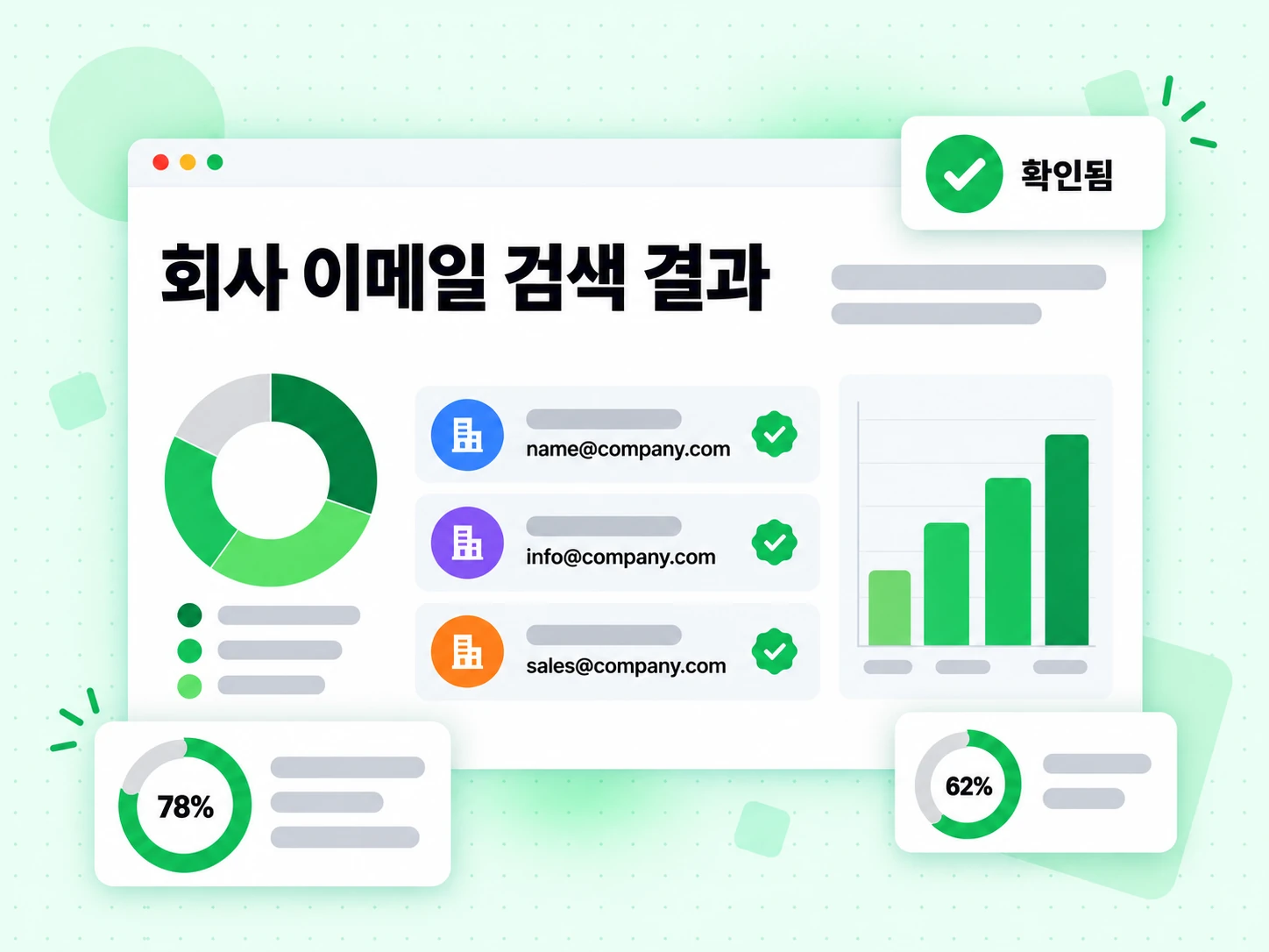 회사 이메일 검색 결과 화면에 한 도메인에서 찾은 여러 업무용 이메일이 나열된다